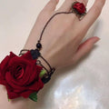 Velvet Rose Ring Bracelet, black lace bracelet with large red rose and rose ring