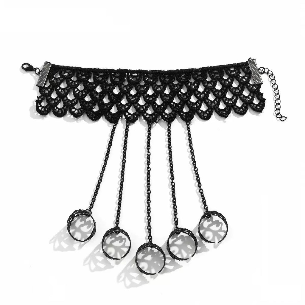 Web Weaver Lace Hand Harness, black lace cuff with five chained filigree rings