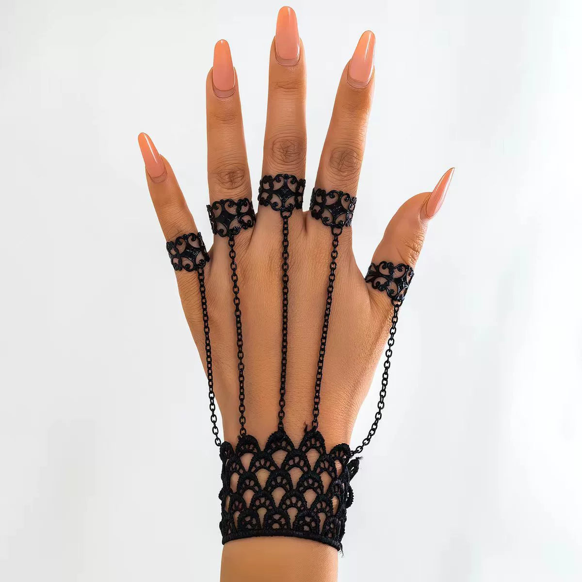Web Weaver Lace Hand Harness, black lace cuff with five chained filigree rings