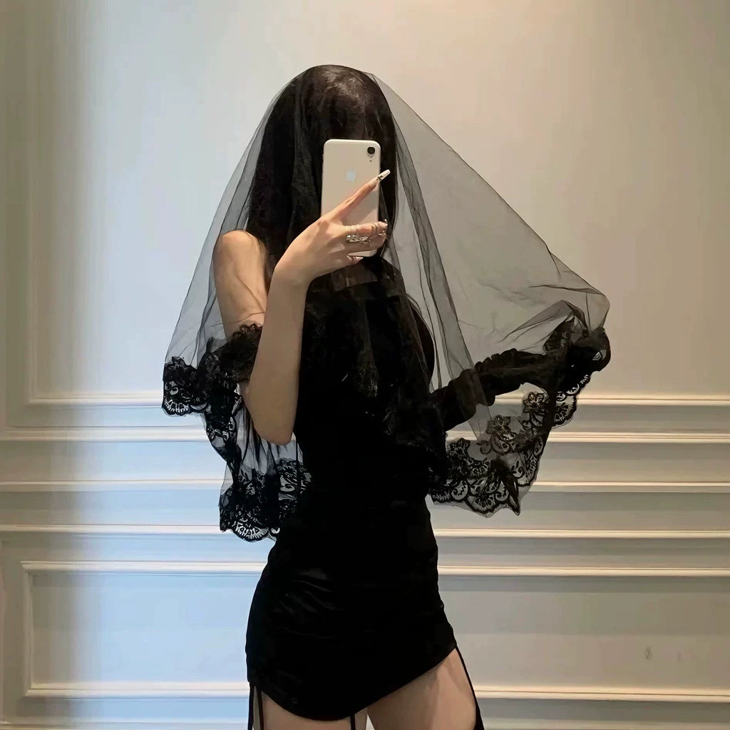 Requiem Lace Veil, long black veil with lace border