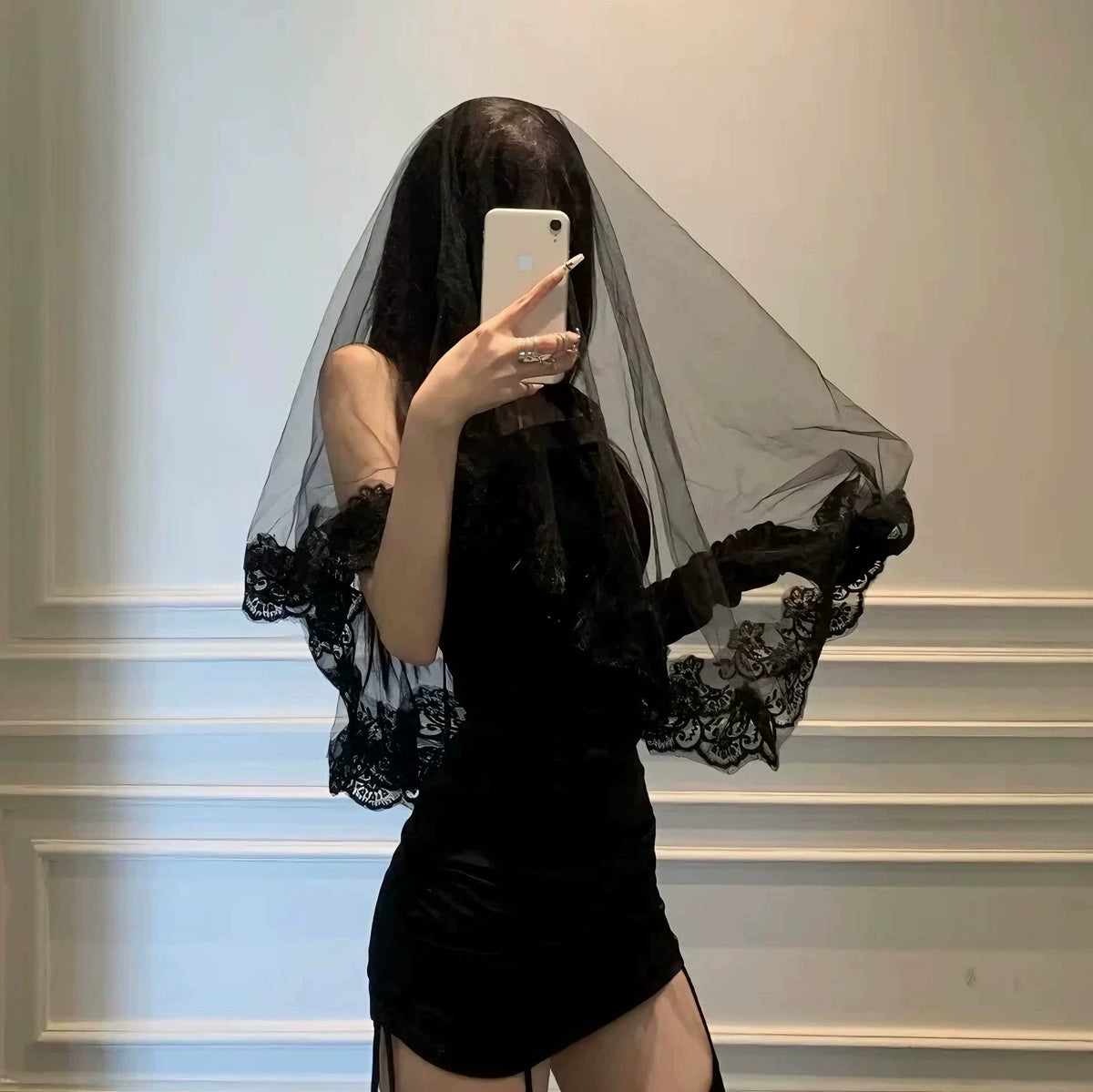 Requiem Lace Veil, long black veil with lace border
