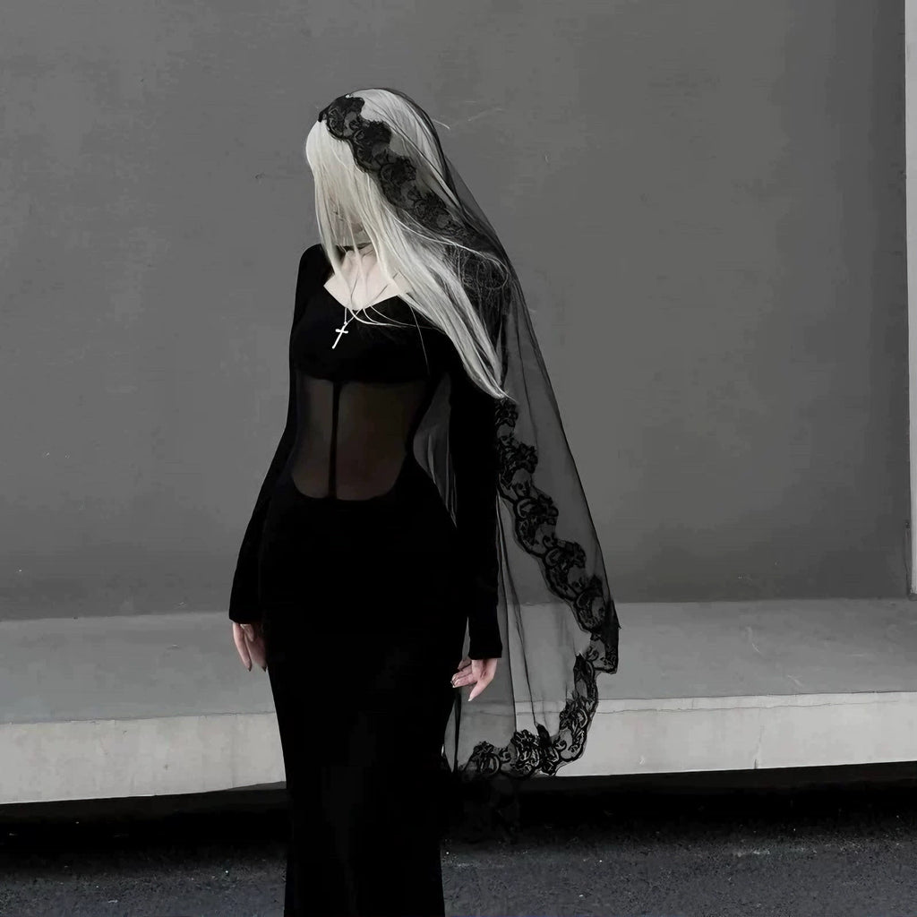 Requiem Lace Veil, long black veil with lace border
