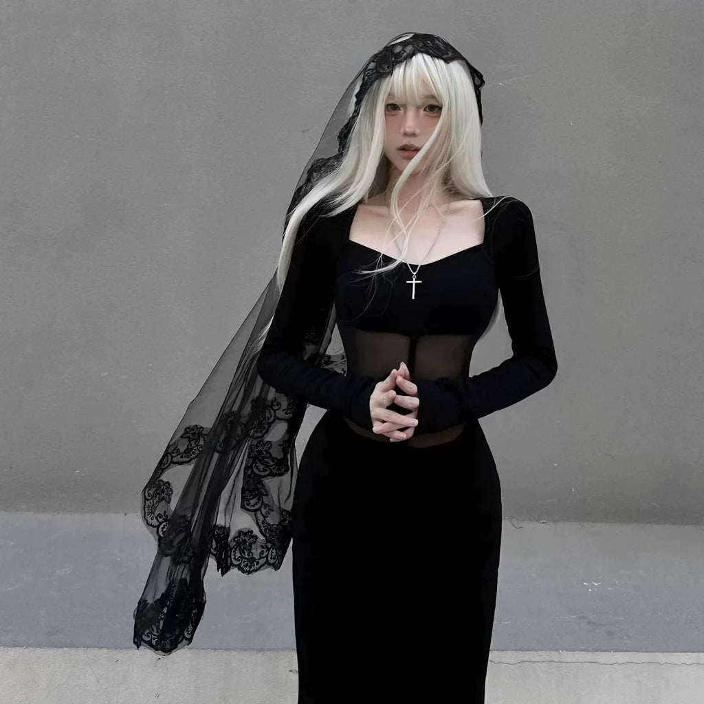 Requiem Lace Veil, long black veil with lace border