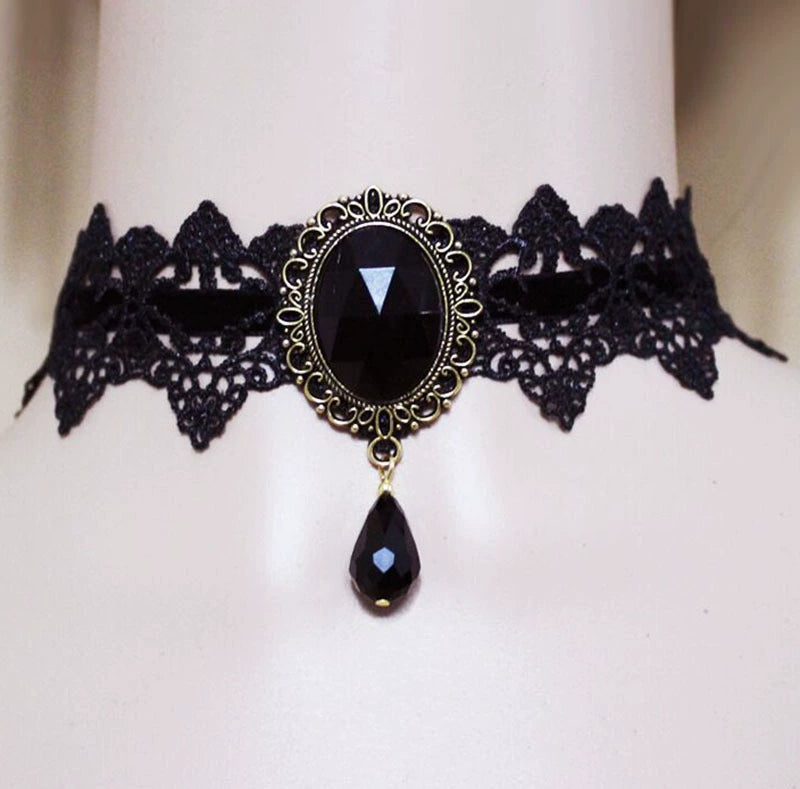 Duchess Jewel Lace Choker, Black, black lace choker with faceted jewel