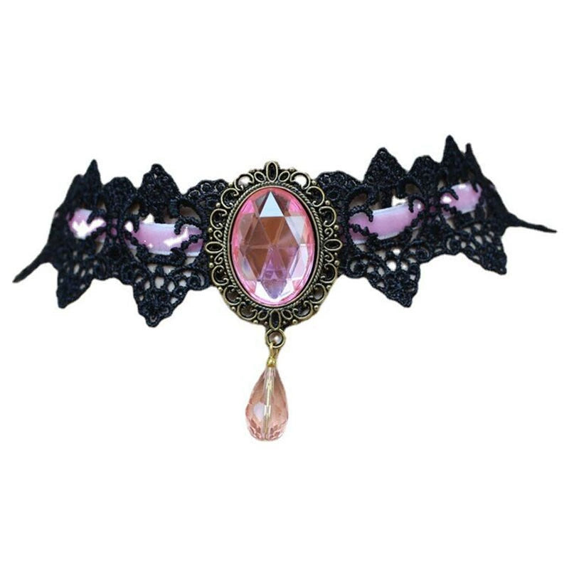 Duchess Jewel Lace Choker, Pink, black lace choker with faceted jewel