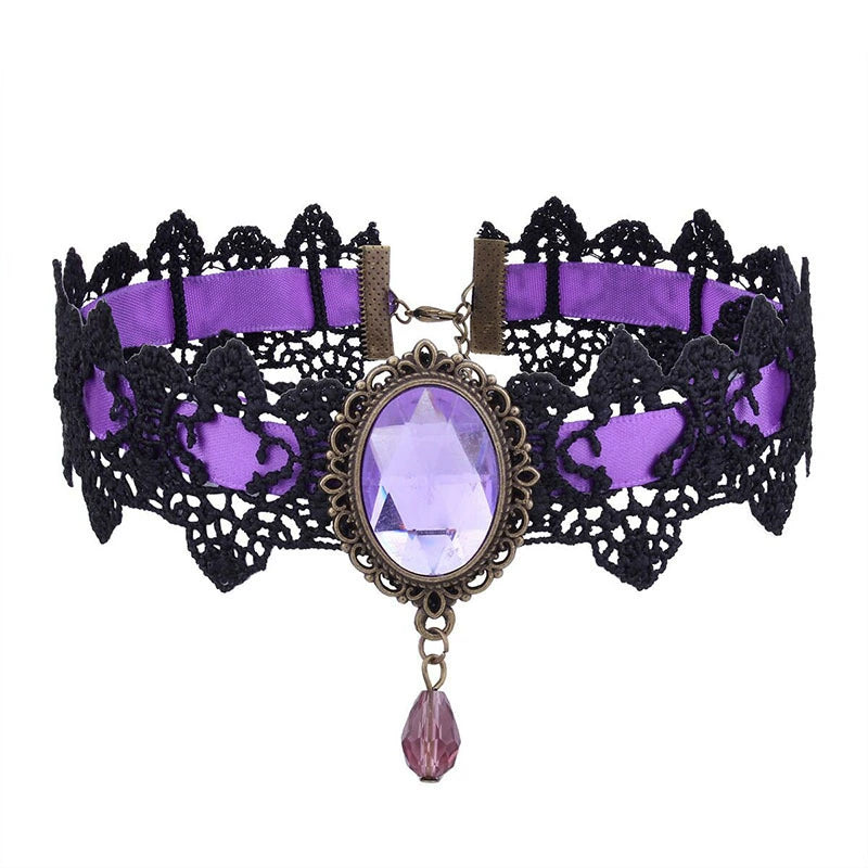 Duchess Jewel Lace Choker, Purple, black lace choker with faceted jewel