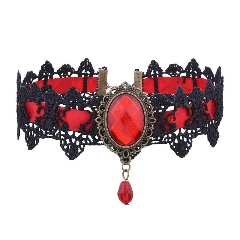 Duchess Jewel Lace Choker, Red, black lace choker with faceted jewel
