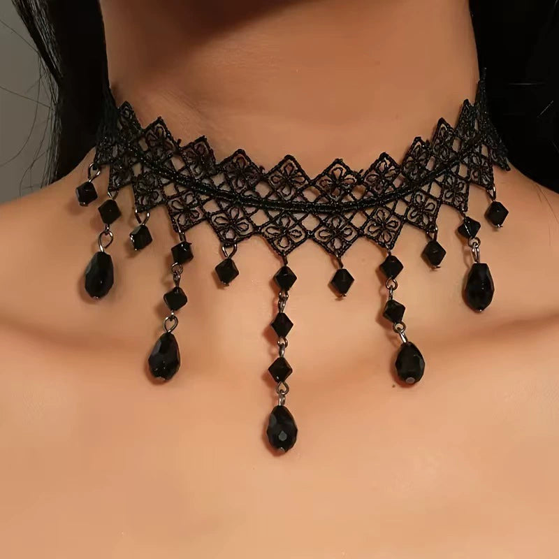 Jet Fringe Lattice Choker, black diamond lace choker with beaded fringe