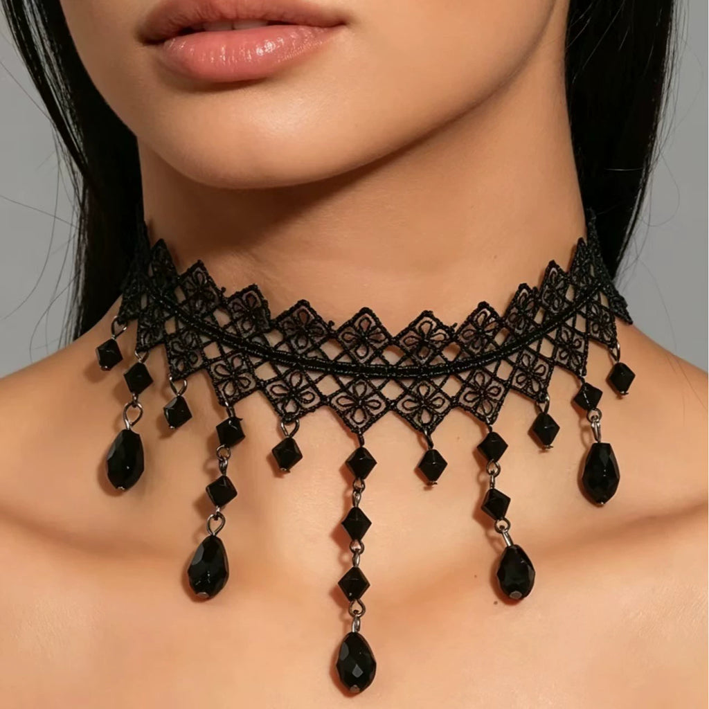Jet Fringe Lattice Choker, black diamond lace choker with beaded fringe