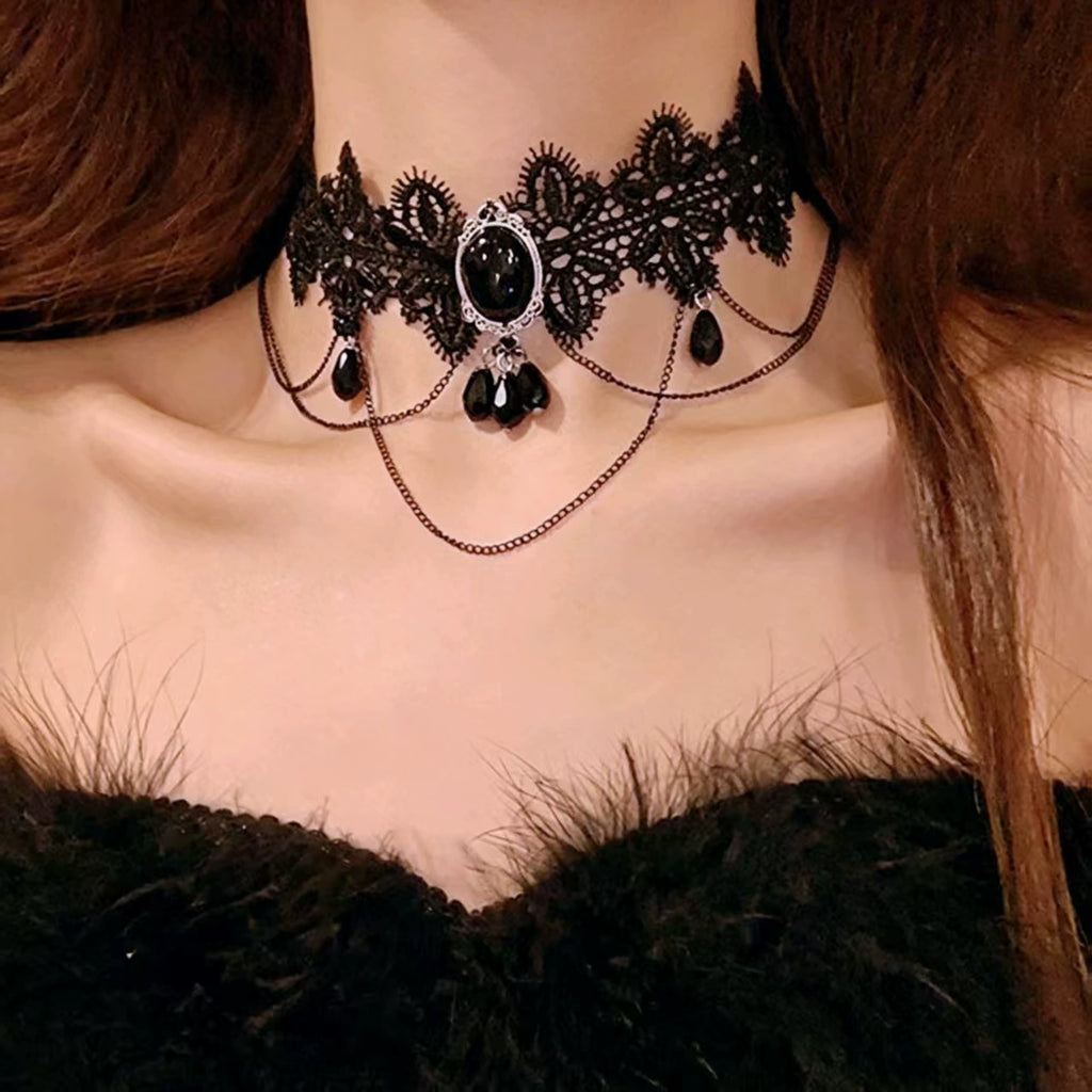 Vespers Cameo Chain Choker, black lace choker with black cameo and chain swags