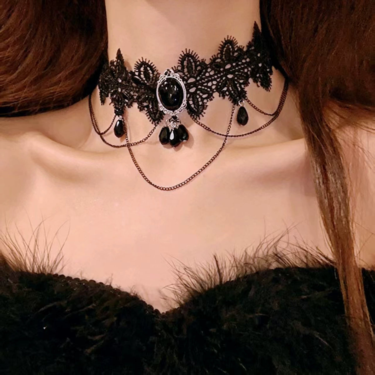 Vespers Cameo Chain Choker, black lace choker with black cameo and chain swags