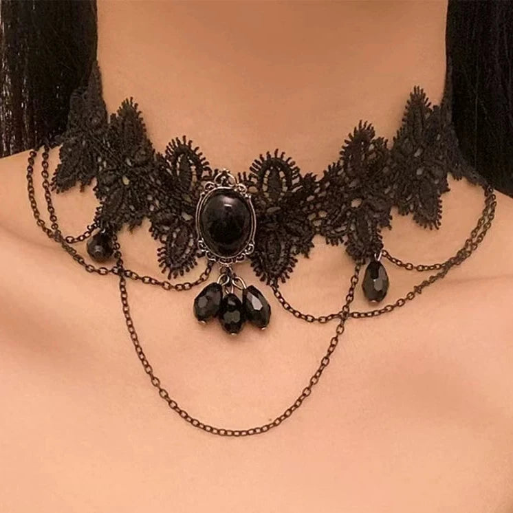 Vespers Cameo Chain Choker, black lace choker with black cameo and chain swags
