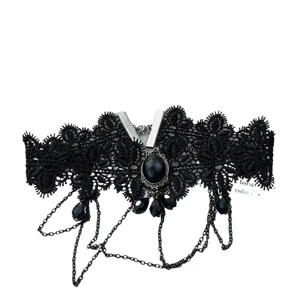 Vespers Cameo Chain Choker, black lace choker with black cameo and chain swags