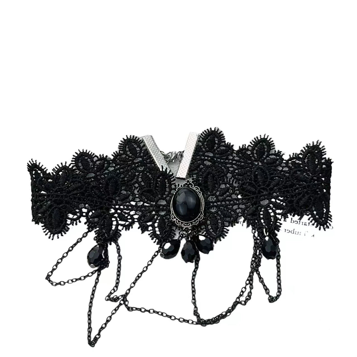 Vespers Cameo Chain Choker, black lace choker with black cameo and chain swags