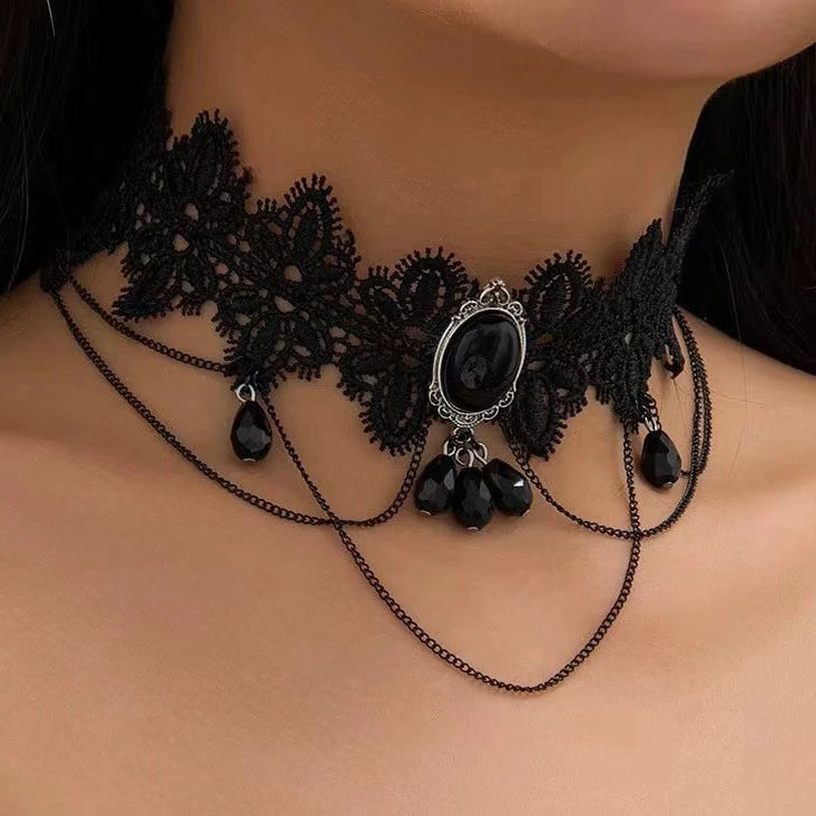 Vespers Cameo Chain Choker, black lace choker with black cameo and chain swags