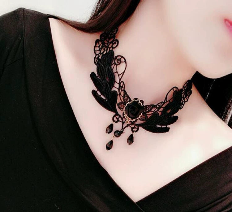 Ivy Wreath Lace Choker, black leaf lace choker with rose or purple gem