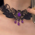 Ivy Wreath Lace Choker, black leaf lace choker with rose or purple gem