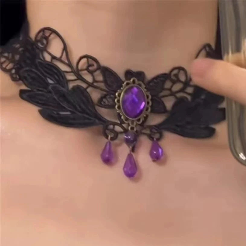 Ivy Wreath Lace Choker, black leaf lace choker with rose or purple gem
