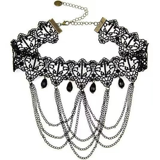 Gallows Chain Lace Choker, black lace choker with chain swags and teardrops