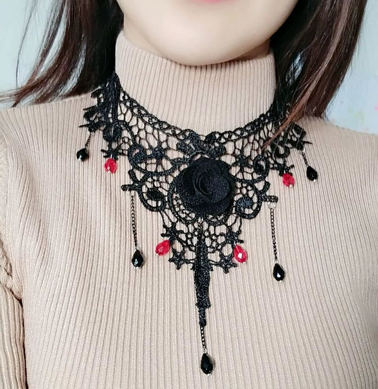 Bleeding Rose Lace Choker, Black Rose, wide black lace choker with rose and crystal drops