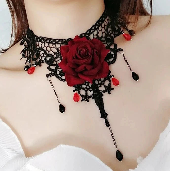 Bleeding Rose Lace Choker, Red Rose, wide black lace choker with rose and crystal drops