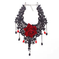 Bleeding Rose Lace Choker, Red Rose, wide black lace choker with rose and crystal drops