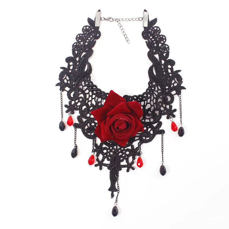 Bleeding Rose Lace Choker, Red Rose, wide black lace choker with rose and crystal drops