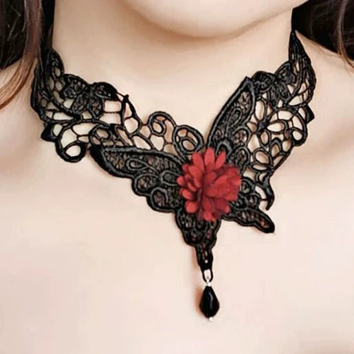 Crimson Butterfly Lace Choker, black butterfly lace choker with red flower and black drop