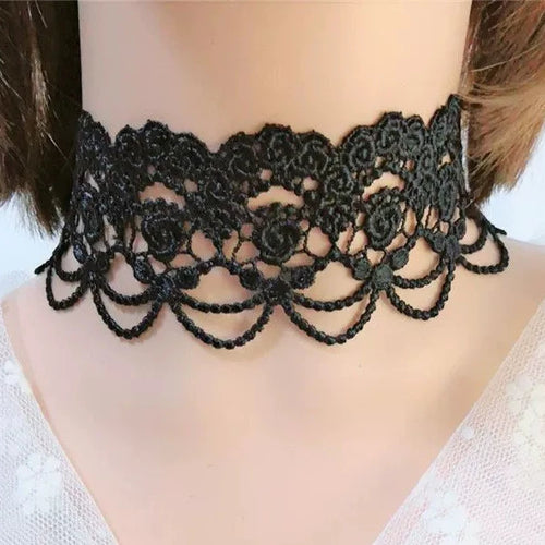 Cobweb Scallop Lace Choker, wide black rose-pattern lace choker with scalloped swags
