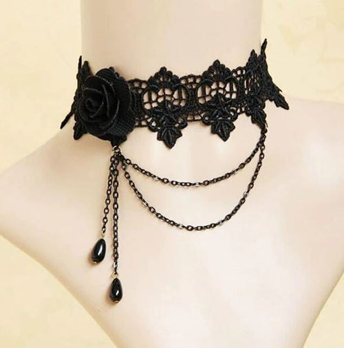 Nightshade Rose Choker, black lace choker with black rose and chain swags