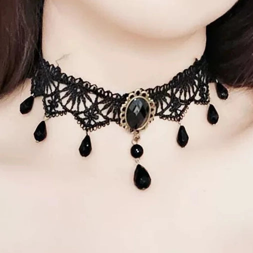 Mourning Jewel Lace Choker, black fan lace choker with black jewel and teardrops