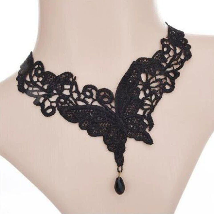 Shadow Wing Lace Choker, black lace choker with butterfly centre and black teardrop