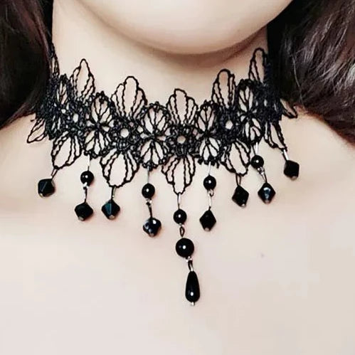 Thornfield Bead Lace Choker, black flower lace choker with black bead drops