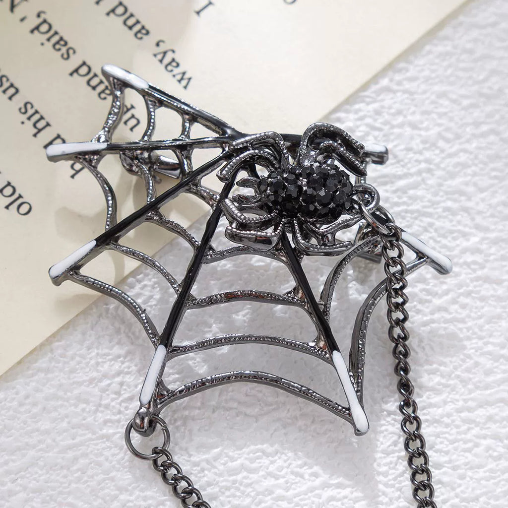 Black Widow Web Brooch, spider and web brooch with chain