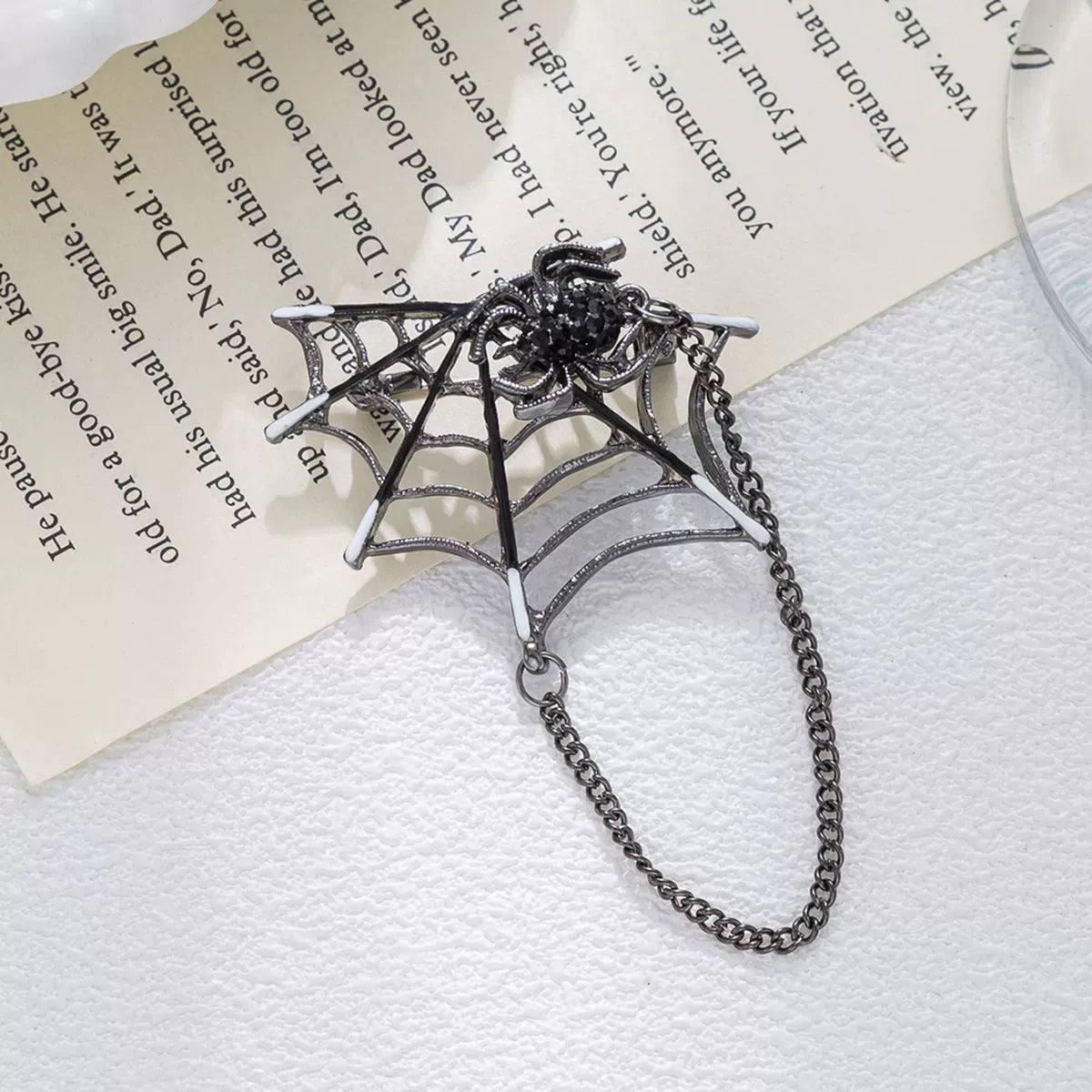 Black Widow Web Brooch, spider and web brooch with chain