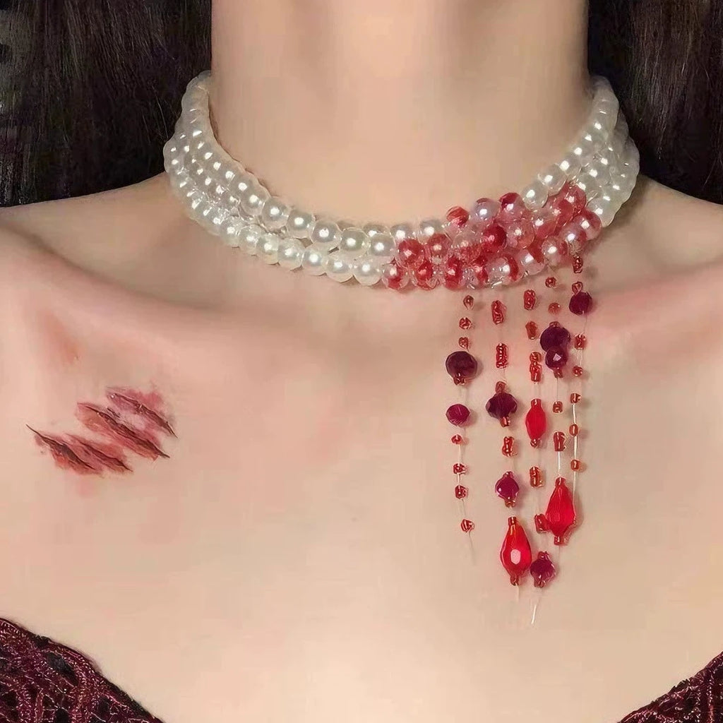 First Bite Pearl Choker, white pearl choker with blood drip beads