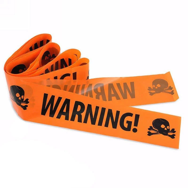 Last Warning Barrier Tape, Orange, skull and crossbones WARNING tape
