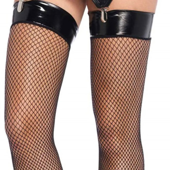 Kitty Fishnet Vinyl Top Thigh High Stockings