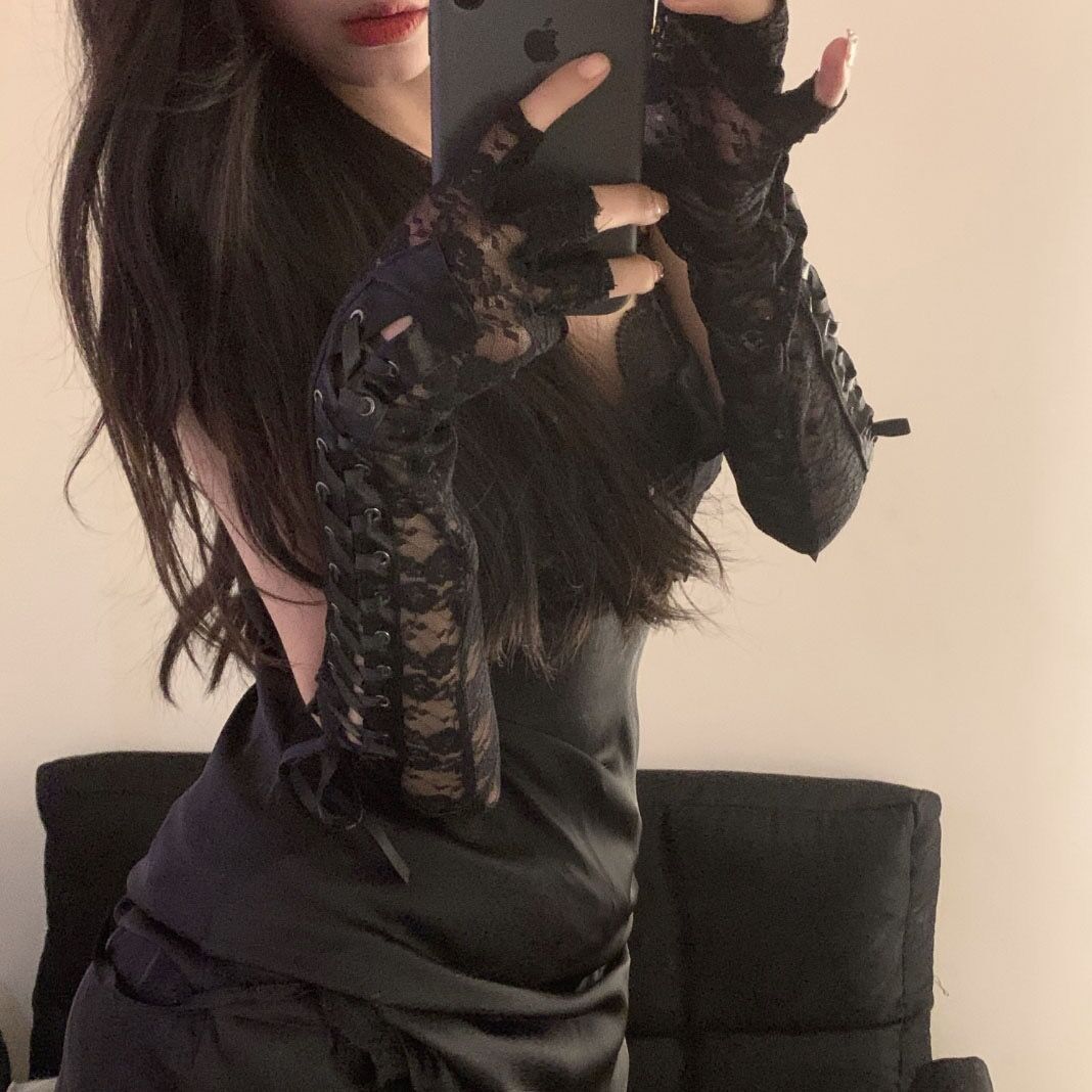 Corset Lace Arm Gloves, black lace-up fingerless arm gloves