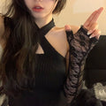 Ruffle Lace Fingerless Gloves, black sheer lace fingerless gloves