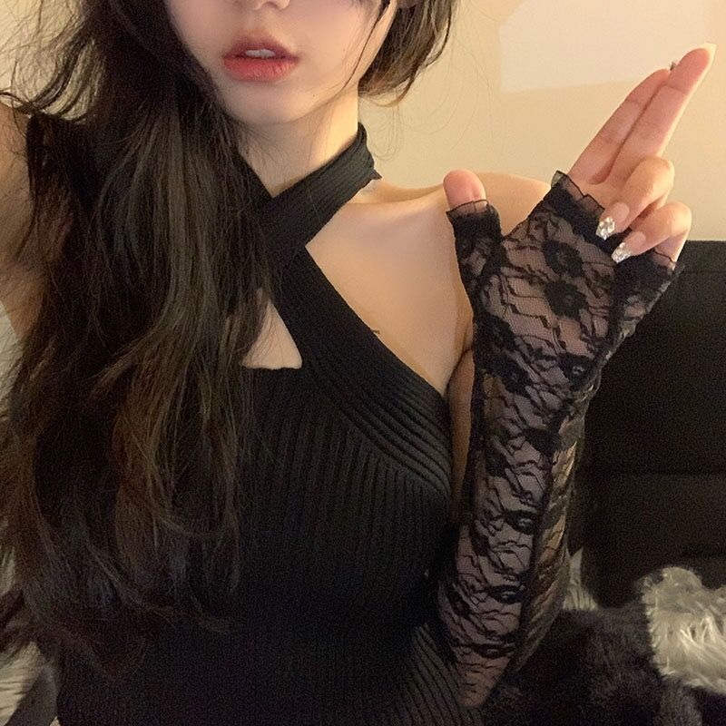 Ruffle Lace Fingerless Gloves, black sheer lace fingerless gloves