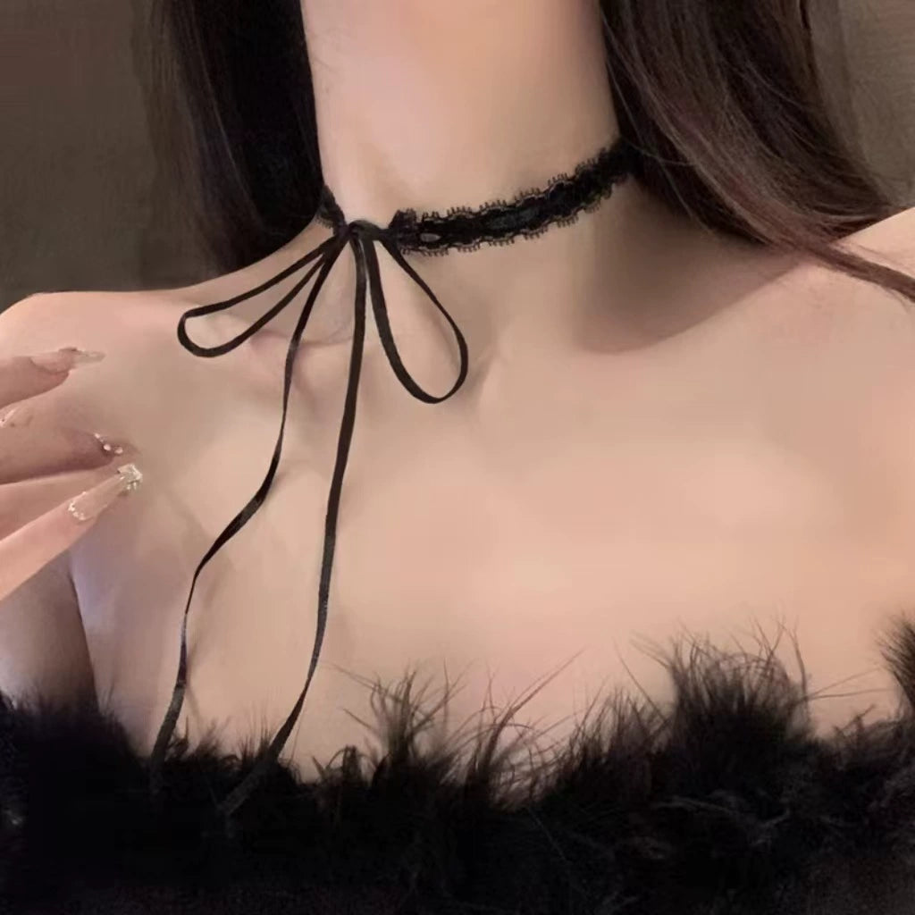 Last Rites Ribbon Choker, narrow black lace choker with long ribbon ties