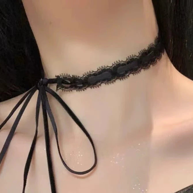 Last Rites Ribbon Choker, narrow black lace choker with long ribbon ties