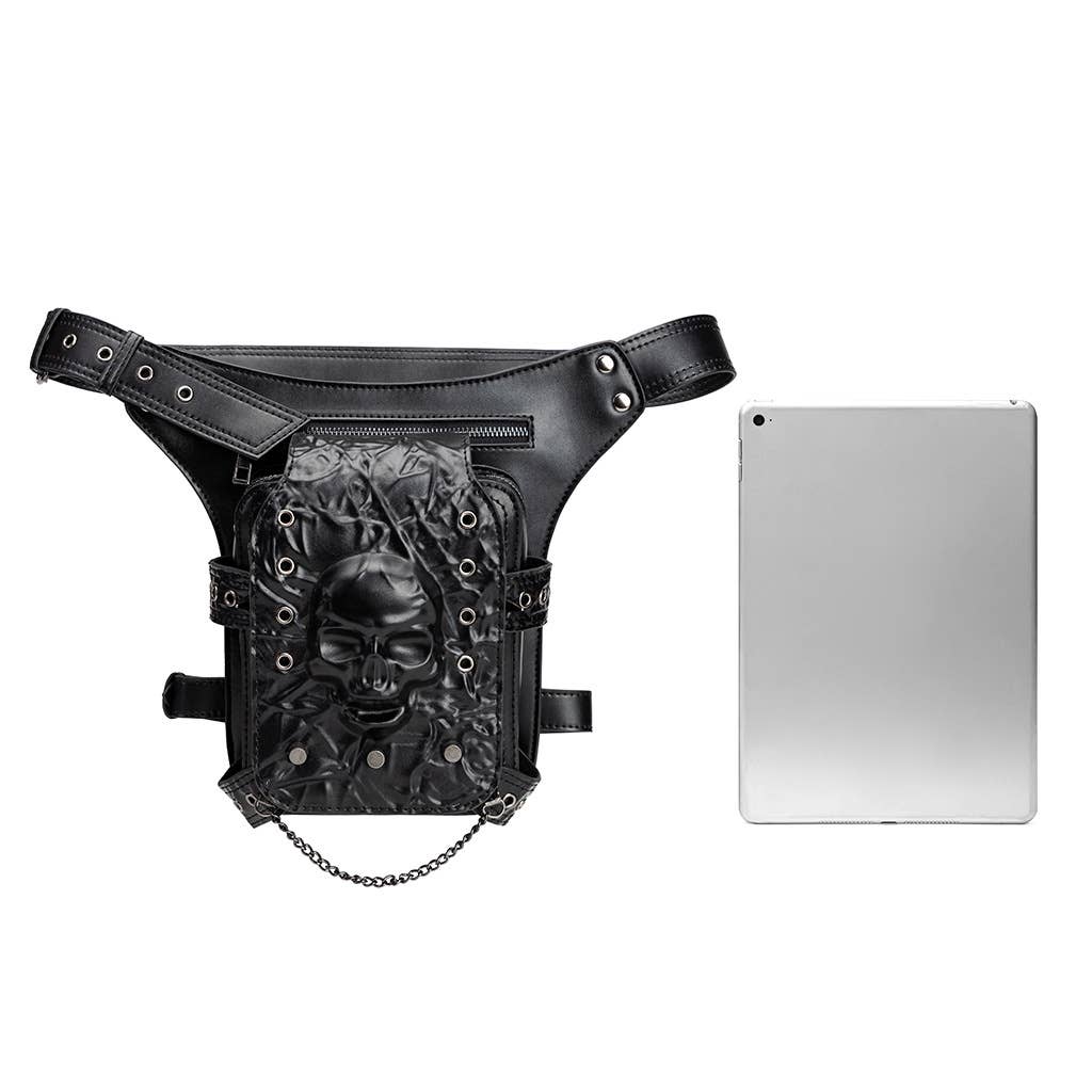 Punk Style Skull - Embossed Studded Leather Hip Belt Bag: 27cm x 30cm x 12cm, Skull