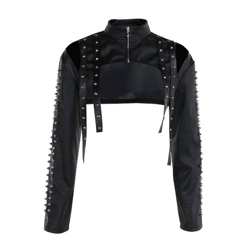 Gothic Women Elegant Sexy Studded Pu Cropped Top: Black, M
