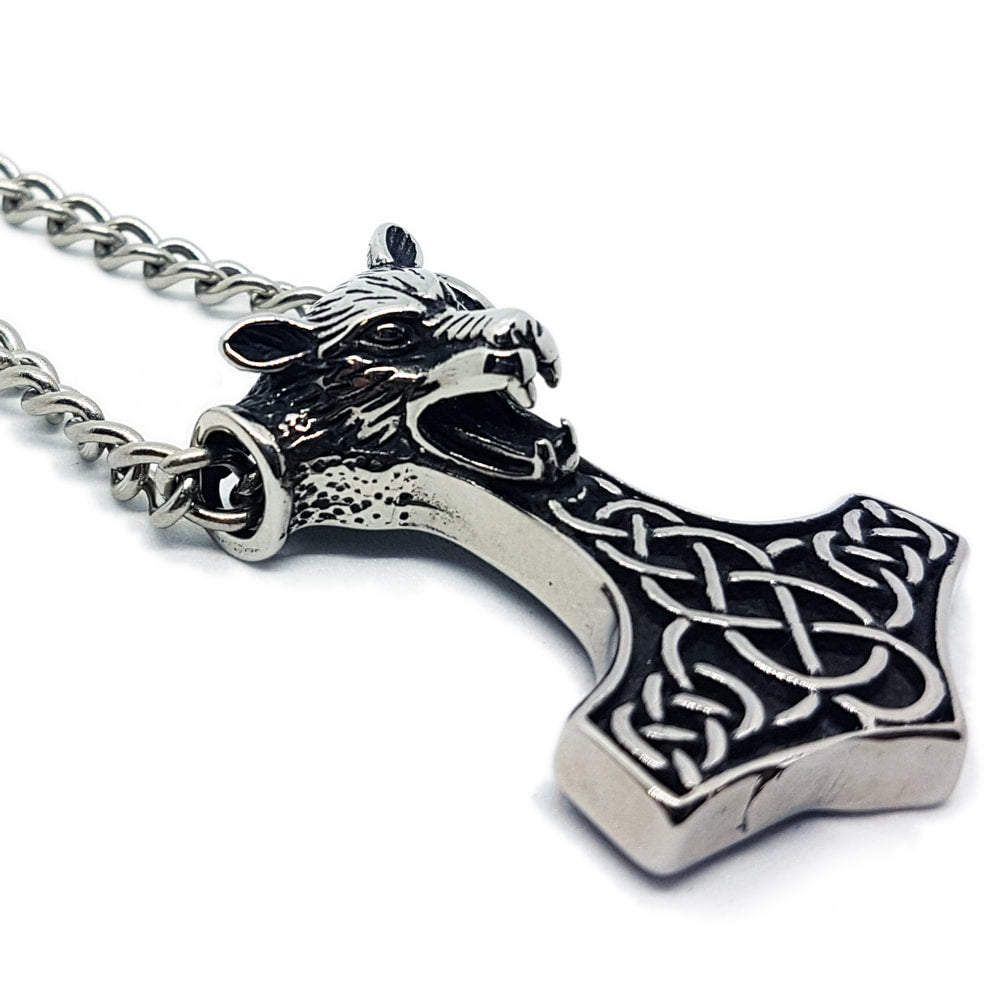Fenrir Wolf Mjölnir Necklace