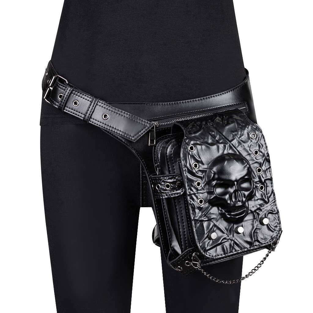 Punk Style Skull - Embossed Studded Leather Hip Belt Bag: 27cm x 30cm x 12cm, Skull