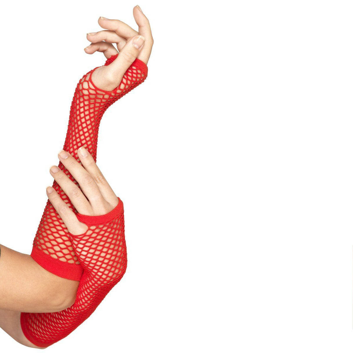 Fishnet Long Fingerless Gloves - Red