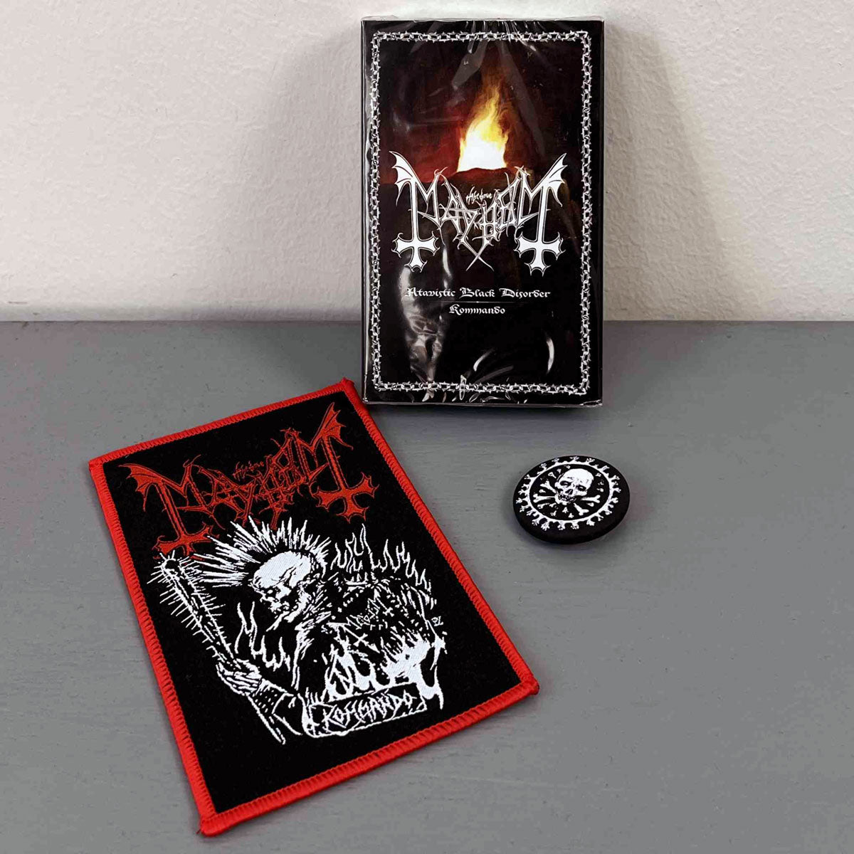 MAYHEM Atavistic Black Disorder/ Kommando Cassette with Patch and Badge (2021)