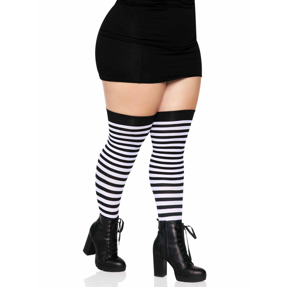 Wicked Stripes Thigh Highs - Black and White PLUS